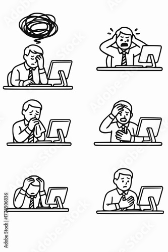 Set of vector illustrations of a businessman experiencing stress, anxiety, and a panic attack at his office desk