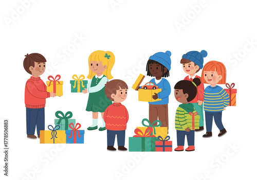 Group of joyous kids exchanging gifts at a festive event. Perfect for holiday greeting cards and school event promotions.