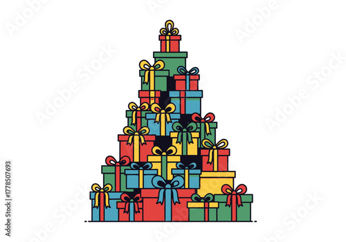 Stacked pyramid of colorful gift boxes with ribbons, perfect for birthday invitations, holiday greeting cards, and festive blog post graphics.