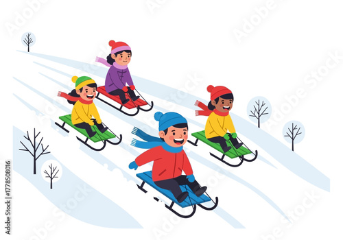 Four children sledding in winter. Suitable for seasonal designs, holiday marketing materials, and family winter activities advertisements. Joyful and active.