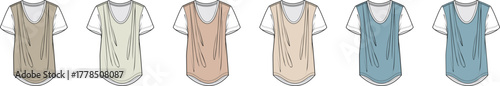 Set of flat vector fashion sketches showing sleeveless tank tops over t-shirts in a palette of neutral and blue colors