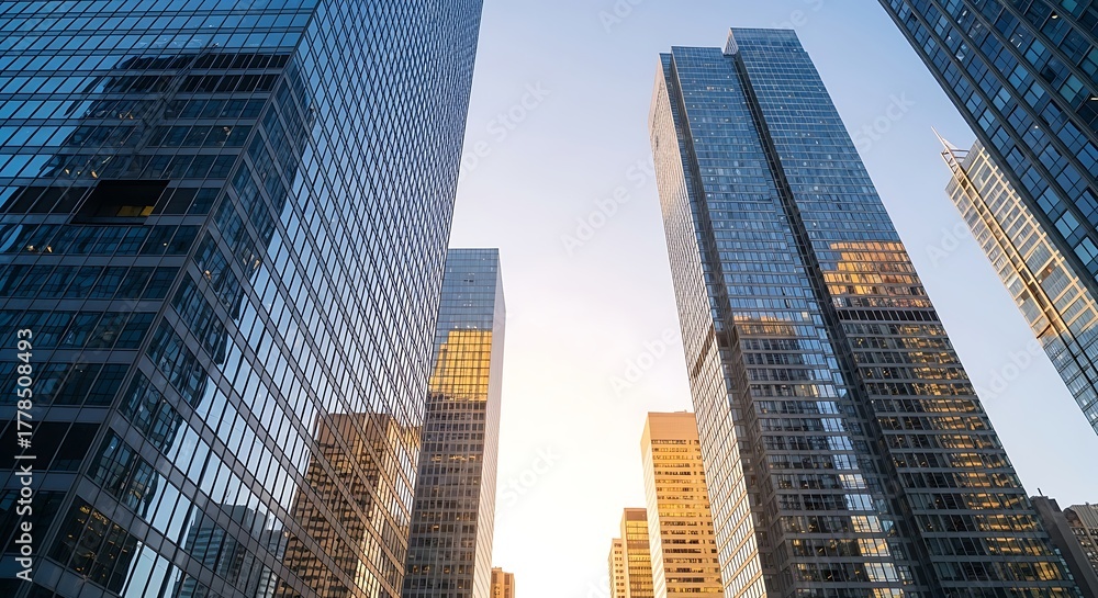 Fototapeta premium Modern glass skyscrapers reaching for the sky at sunset in a bustling city.