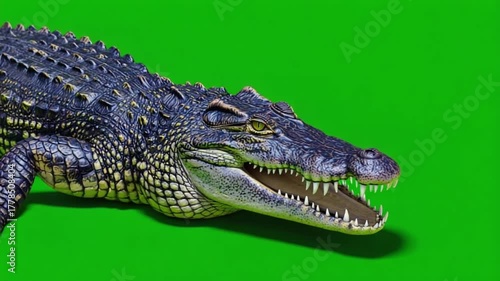 Close up of an alligator with its mouth open against a solid green background image capture crocodile green screen video