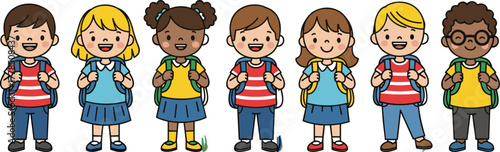 Cartoon school children with backpacks, diverse students smiling, educational theme, vector illustration, isolated group, childhood learning concept