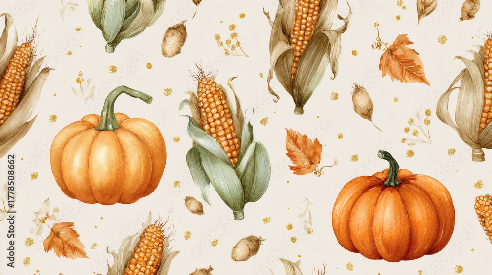 Thanksgiving seamless pattern with pumpkins, leaves, and corn in watercolor style.