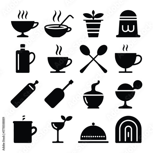 Collection of black silhouette icons representing food drinks and kitchenware