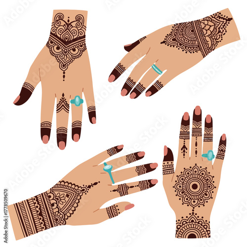 Four illustrations of hands adorned with intricate henna designs and jewelry.