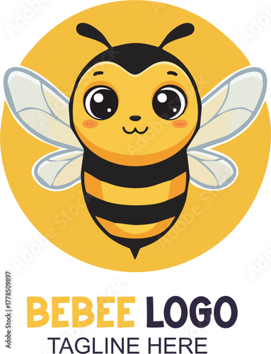 A charming cartoon bee logo design, perfect for branding children's products or businesses, featuring a friendly, smiling insect on a sunny yellow background.