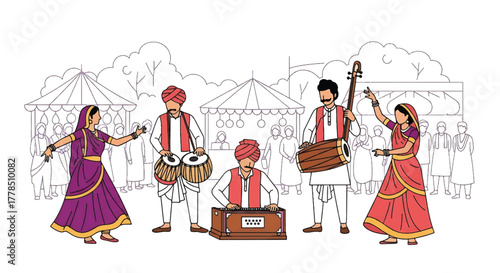 Illustration of traditional Indian musicians and dancers performing together in colorful attire with a festival crowd in the background.