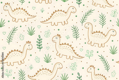 Whimsical Outline Dinosaur Pattern with Green Foliage