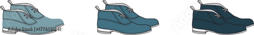 Set of illustrated footwear in various shades of blue. An isolated vector graphic showing a choice of modern casual shoes for men