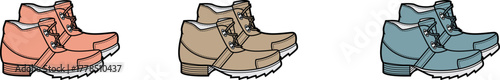 A stylized illustration showcasing three pairs of durable, lace-up outdoor boots in a variety of natural color schemes, perfect for diverse weather and fashion