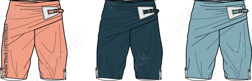 Fashionable three-quarter length shorts in coral, dark teal, and light blue with unique buckle detailing