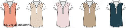 Diverse collection of women's polo shirts in various trendy colors, presented as detailed fashion flat sketches for apparel design and illustration projects