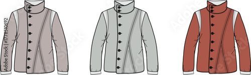 Vector illustration of a modern long-sleeved jacket design, featuring a stand-up collar and front buttons. This apparel concept presents three color variations for design projects