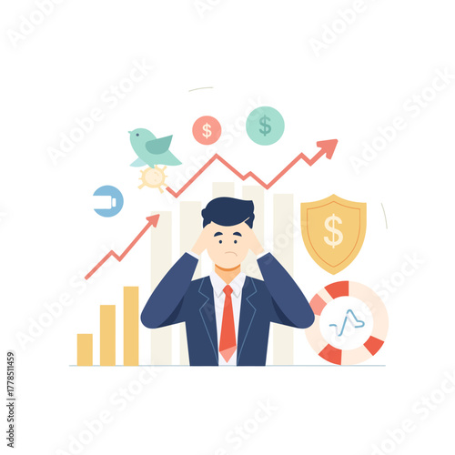 Businessman overwhelmed by market volatility and financial stress, facing economic challenges with elements of security, problem-solving, and potential aid in a dynamic business environment
