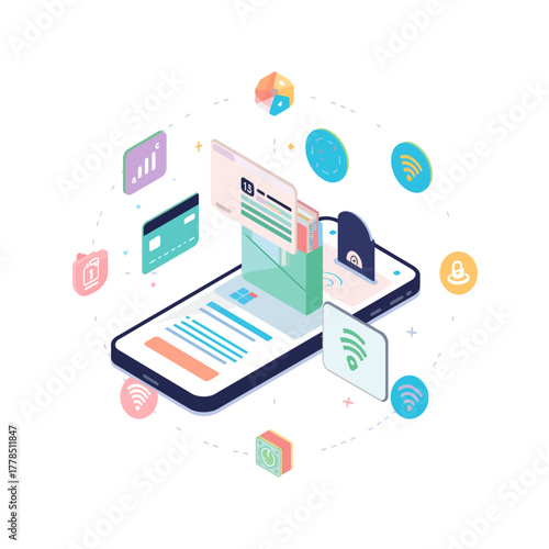 Conceptual isometric illustration of secure mobile banking, online payments, and financial data protection using a smartphone