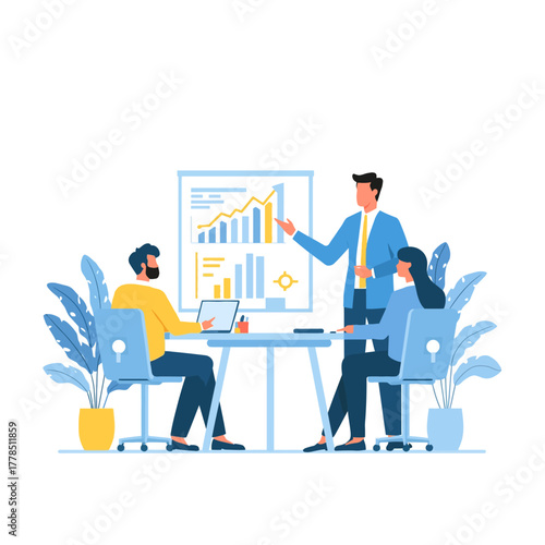 Team collaborating on business strategy and data analysis, with a presenter explaining growth charts during a professional meeting in a modern office