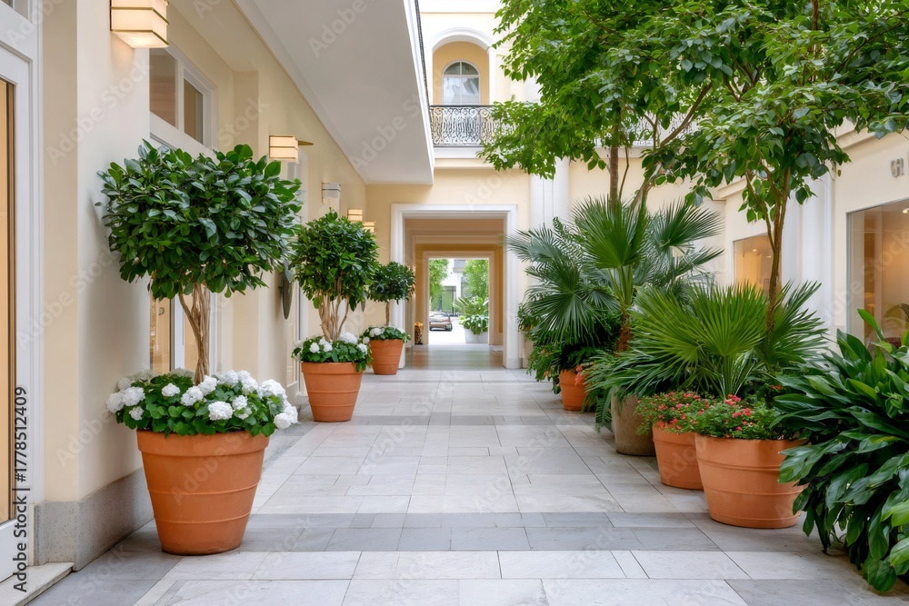 Naklejka premium Elegant patio walkway with green potted plants