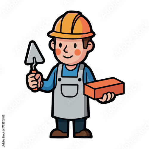Cheerful bricklayer cartoon character in a yellow hard hat, holding a brick and a trowel for construction work. Friendly builder mascot illustration