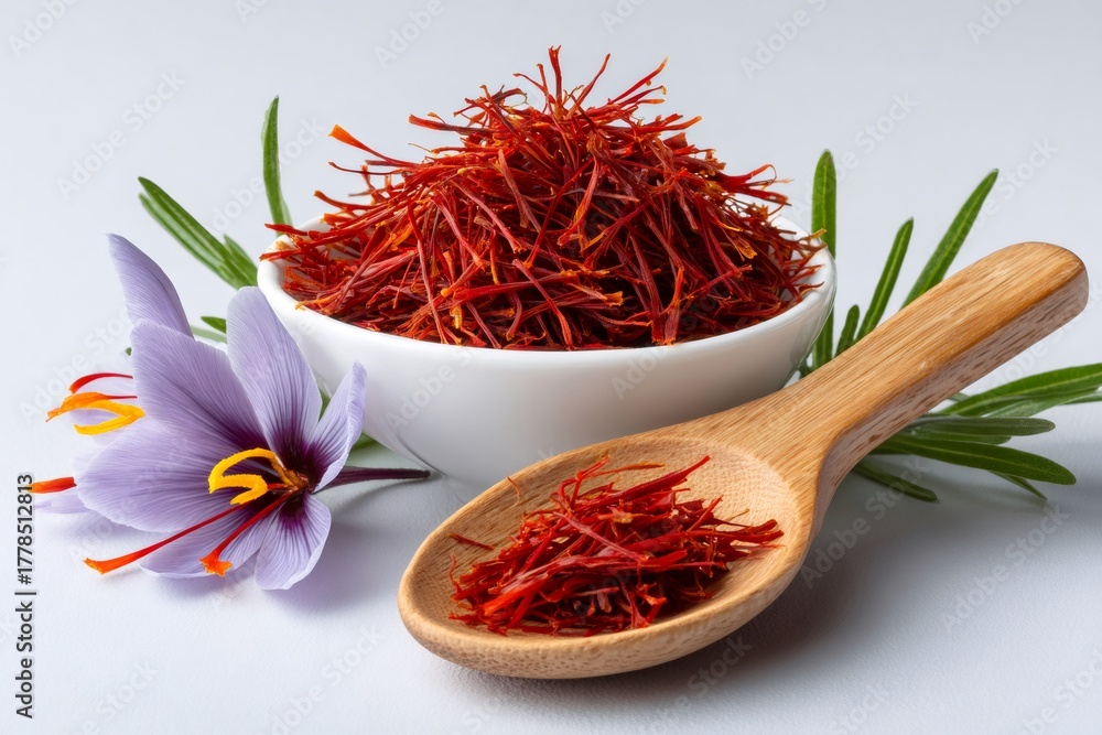 Fototapeta premium Saffron spice threads with crocus flower and rosemary