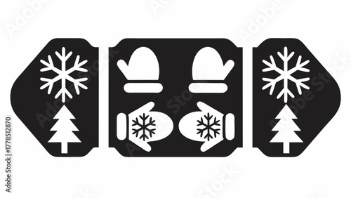 Charming winter holiday mittens with snowflakes and trees, cozy seasonal decoration, perfect for festive greetings and holiday promotions, originally scalable