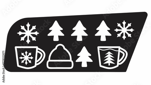 Charming winter holiday scene with snowflakes, Christmas trees, cozy hat and mugs for heartwarming festive designs and seasonal greetings