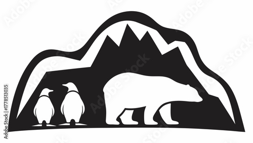 Bold monochrome landscape featuring a polar bear and penguins amidst snowy mountains, perfect for nature themed designs and conservation awareness