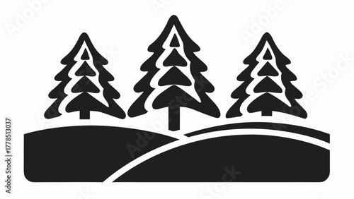 Three stylized evergreen trees on rolling hills evoke nature and the outdoors, simple design perfect for logos, branding, or winter holiday themes