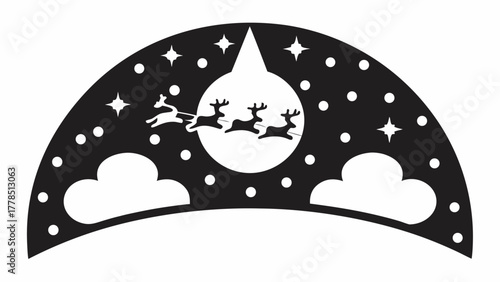 Whimsical holiday scene with Santa's reindeer flying across the night sky, stars twinkling, clouds, perfect for Christmas cards and holiday decorations