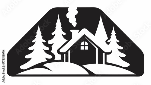 Cozy winter cabin nestled amongst snow-covered pines with smoke gently rising from chimney, evokes warmth and peace, perfect for holiday designs and more