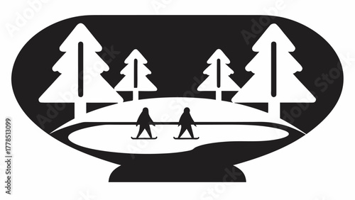 Skiers gliding through winter wonderland, surrounded by snow-covered trees, enjoying the peaceful landscape, a serene and minimalist scene perfect for winter themes