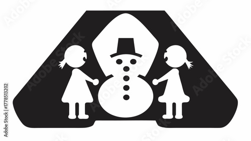 Charming winter scene featuring two young girls joyfully building a snowman, perfect for seasonal greetings and heartwarming family projects