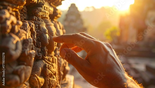 A person's hand touching the carved relief sculpture with a warm, golden light behind the ancient building