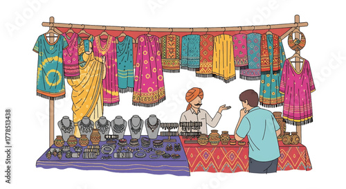 Illustration of a man and woman interacting at a vibrant market stall with colorful clothing and jewelry on display.