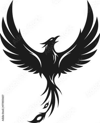 Phoenix silhouette vector, mythical bird design, tribal tattoo style, symmetrical wings spread, rebirth symbol, flame tail, black graphic art