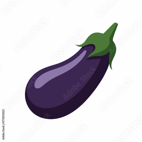 A single ripe purple eggplant with a green stem on a white background