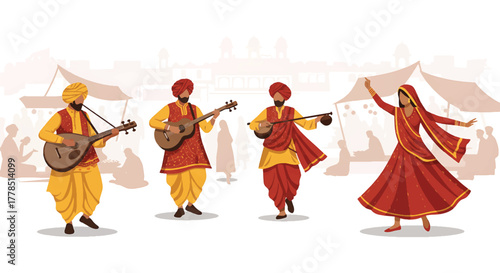 Illustration of traditional Indian musicians and dancer performing in colorful attire with musical instruments against a festival background.