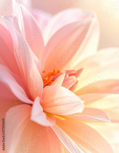A close-up of a beautiful pink flower, showcasing delicate petals and vibrant orange stamen, creating a soothing and serene atmosphere.