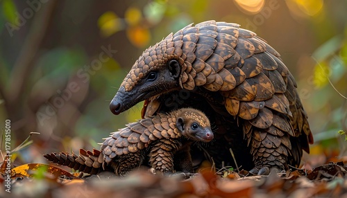 A pangolin and its pup rest amid fallen leaves, scales shining in soft sunlight