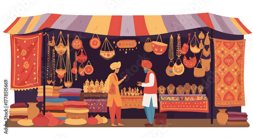 Illustration of two men standing in a vibrant marketplace stall with colorful goods and textiles on display.