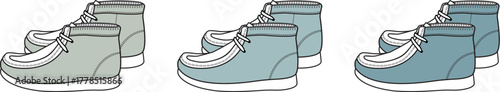 Stylish footwear collection Vector line art illustration of casual boots with moccasin toe in varying shades