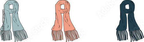 Collection of stylish knitted scarves in various colors including pastel blue, peach, and dark navy, featuring fringed ends, perfect for winter fashion accessories and warmth