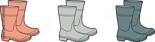 A versatile collection of three pairs of colorful rain boots, illustrated in a clean vector style, perfect for wet weather protection, outdoor activities, and gardening