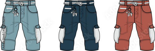 Color variations of cargo pants with belt details, perfect for casual or work wear