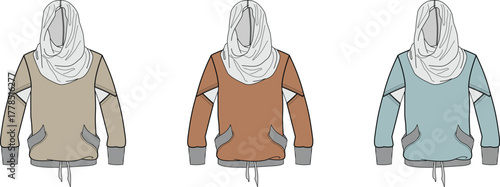 Set of technical flat sketches featuring a women's modest activewear hoodie with a built-in hijab, presented in various color options for fashion design