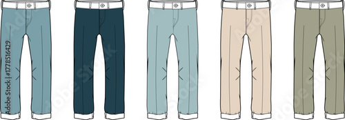 Fashion design vector template of men's classic straight-leg trousers in a palette of five colors, a flat technical sketch for apparel collection