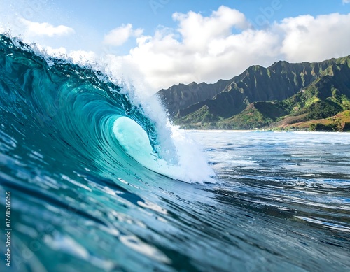 Fototapeta Naklejka Na Ścianę i Meble -  Magnificent close-up view of a glassy ocean wave curling