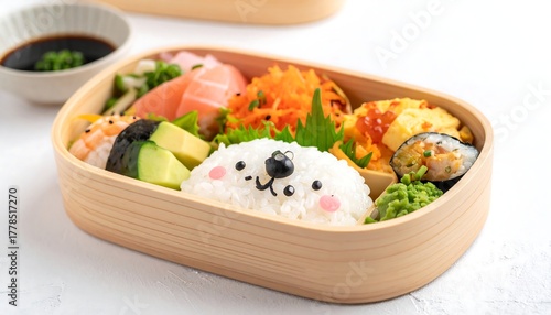 A packed bento box showing cartoon seal-shaped rice, with fish, vegetables, seaweed, and other sides in a wood box