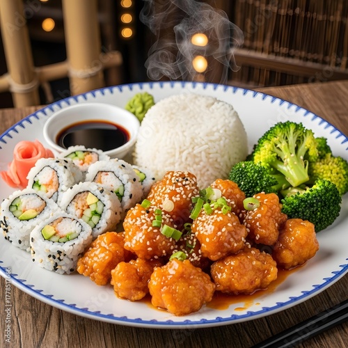 Asian Chicken & Sushi with Rice & Veggies – Delicious Japanese & Chinese Meal